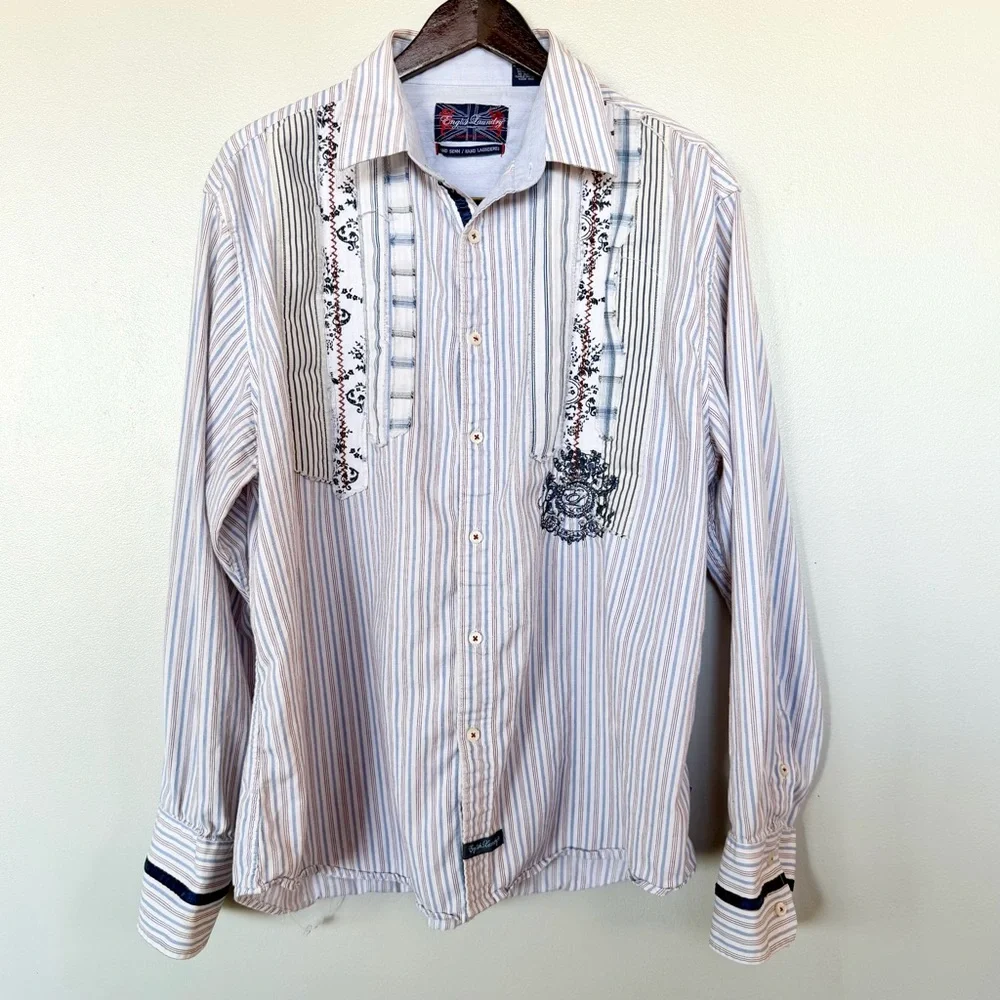 English Laundry 2X Women Shirt Pinstripe Patchwork Grandmacore Embroidered Boho